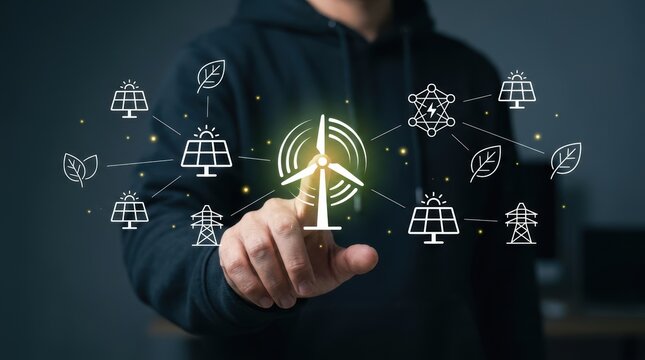 Engineer touching glowing wind turbine icon in digital energy network, sustainable technology, smart grid modern technology business concept