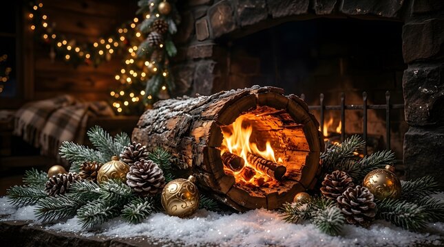 Burning yule log with christmas pine branches and golden baubles on a dark holiday background