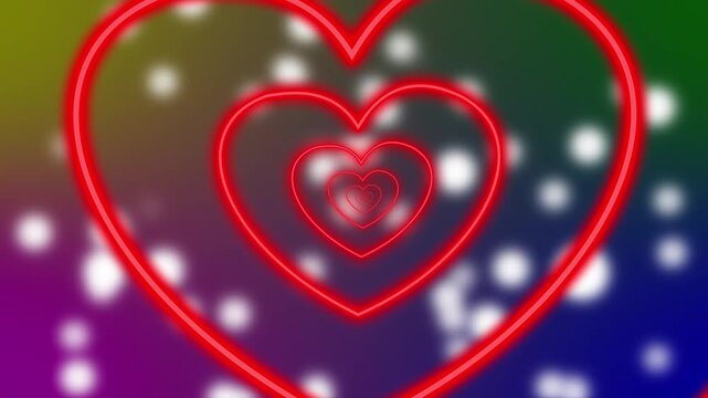 Valentine or Wedding day love, Red heart shape neon lights infinite tunnel animation with floor shadows, glowing heart motion scene, concept, ideas, seamless loop element dark background 4k video