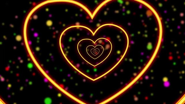 Valentine or Wedding day love, Red heart shape neon lights infinite tunnel animation with floor shadows, glowing heart motion scene, concept, ideas, seamless loop element dark background 4k video