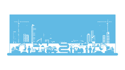 Obraz premium Construction Site Panorama with Cranes Excavators and Workers