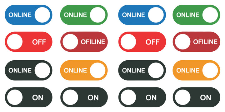 Online Offline Toggle Buttons Icon Set Showcasing Digital Status Switches, On Off Controls, and Interface Components