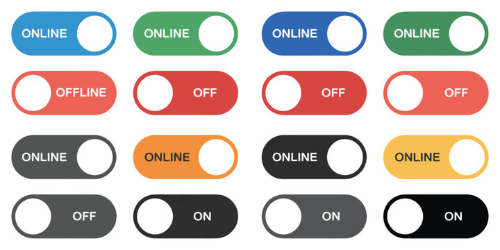Online Offline Toggle Buttons Icon Set Featuring On and Off Status Controls for User Interface Elements