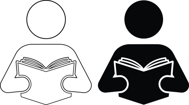 Person reading book icon set with solid and outline versions.