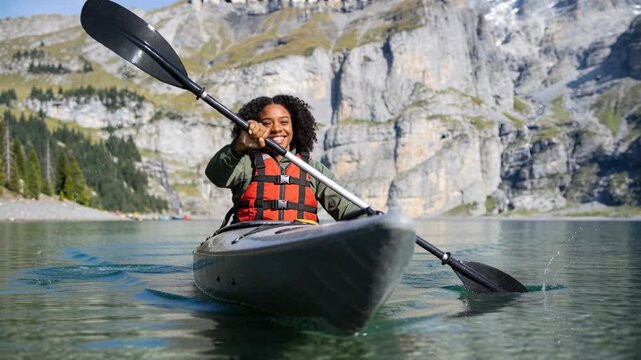 Young Black woman kayaking on a clear alpine lake. Smiling woman paddling a kayak with mountains in the background. Outdoor adventure and summer travel concept