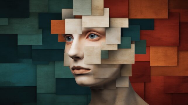 A surreal portrait of a human face composed of interlocking rectangular wooden blocks in earthy tones, blending digital art and abstract design.