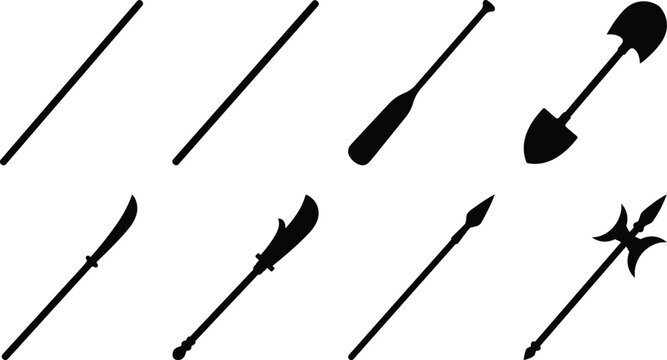 Medieval Polearm and Traditional Tool Silhouette Collection with Spear Halberd Shovel and Staff
