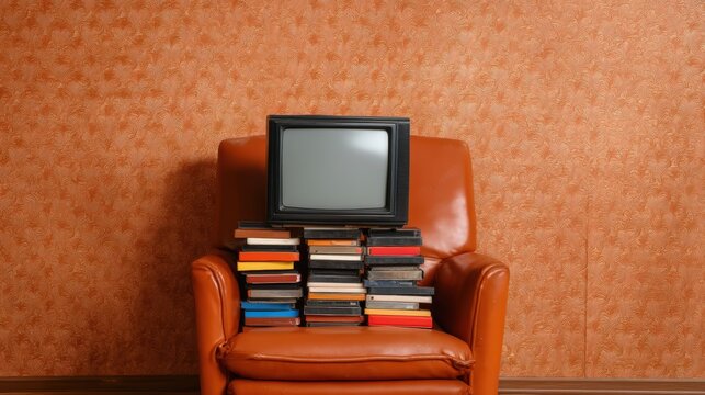A retro television sits atop stacks of colorful VHS tapes on a brown leather armchair against a vintage orange patterned wallpaper.
