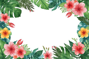Fototapeta premium Tropical watercolor bordering frame with exotic monstera leaves, hibiscus flowers, and palm fronds, transparent background