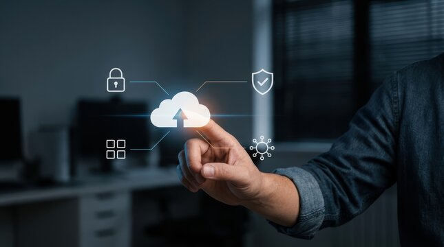 Businessman touching glowing cloud icon for secure data upload to server, cloud computing, cybersecurity modern technology business concept