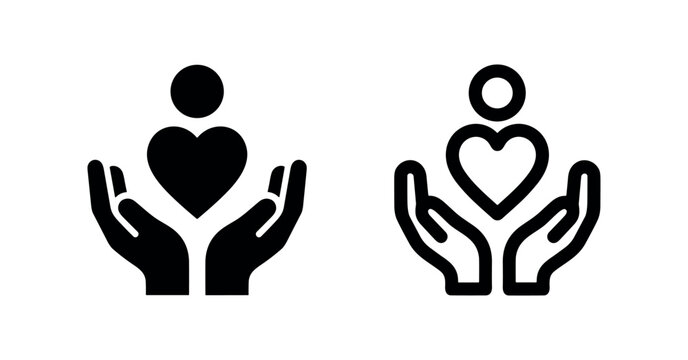 Hands Holding Heart and Person Vector Icon Set - Care, Community Support, and Empathy Symbol