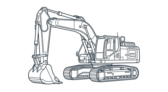 Excavator Outline Drawing: Heavy Construction Machine with Bucket and Tracks