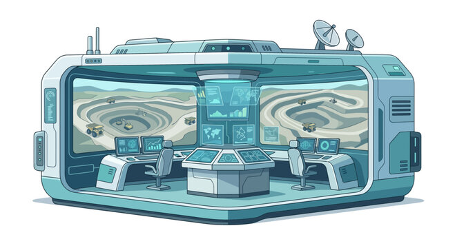 Futuristic Mining Control Room with Digital Displays and Earth Moving Equipment