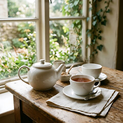 Fototapeta premium A realistic and atmosphere photo, no people , just clean white cups of tea and white teapot