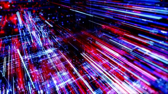 Glowing red and blue digital light streaks motion video animation