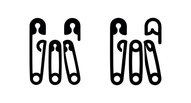 Safety pins icon set, showing various open safety pins in solid and outline for practical design use.