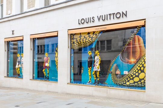 Louis Vuitton storefront display in a city street. London, UK, 21 May 2023