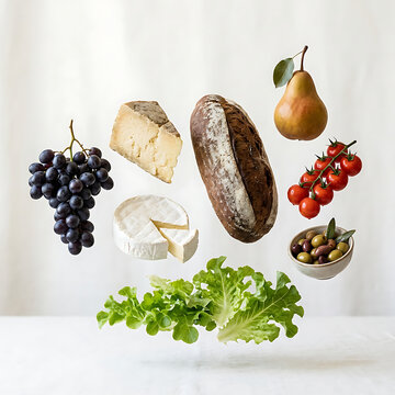minimal elegant levitation of grapes, hard cheese wedge, camembert wheel, olives, pear, rustic bread loaf, cherry tomatoes on vine, lettuce leaves, clean spacing between objects