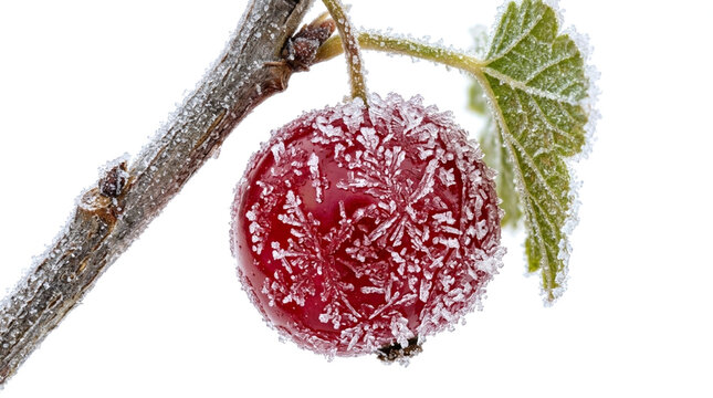 A single red currant berry covered in frost crystals hanging from a branch with a green leaf isolated on white background