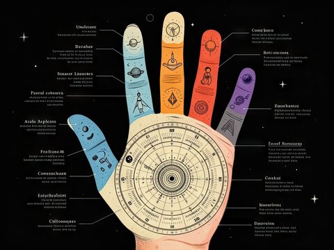 Palmistry hand diagram with chakras zodiac and mystical symbols
