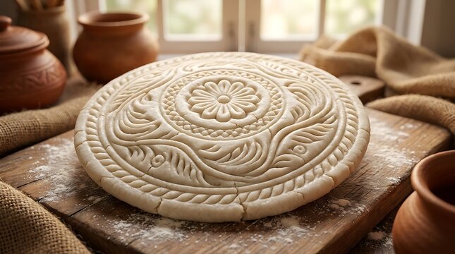 Extreme macro of intricate traditional hand-carved floral and geometric patterns on a sweet Nokshi Pitha on a rustic banana leaf, authentic Bangladeshi culinary heritage and cultural dessert art.
