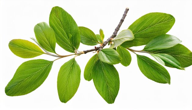 Spring Twig With Fresh Green Leaves Of Cotoneaster Isolated On White Or Transparent Background