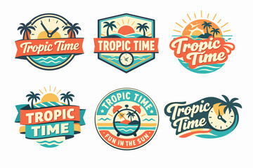 Naklejka premium Tropic time badge collection representing summer vacation, tropical travel, sun, beach, and ocean leisure concepts