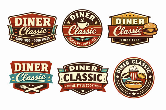 Classic american diner restaurant logos and badges collection, creating vintage branding for fast food and retro eateries