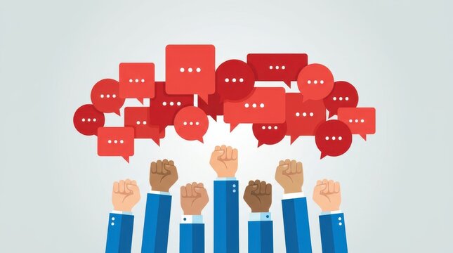 Protest hands raising speech bubbles for communication.