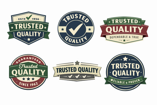 Collection of trusted quality and guaranteed vintage badges, labels, emblems, vector stickers for product certification and reliability