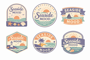 Obraz premium Collection of vintage seaside mood emblems with ocean, sun, and various nautical symbols, great for summer travel designs