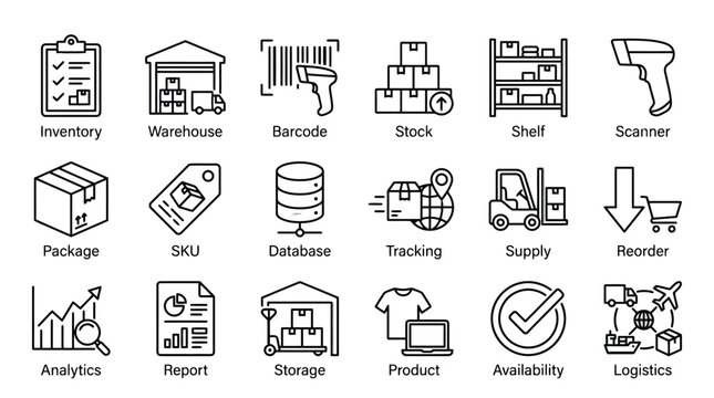 Set of 18 E-Commerce and logistics outline icons featuring inventory management, warehouse shipping, barcode scanners, stock tracking, supply chain storage tools.