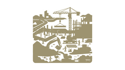 Obraz premium Construction Site Scene with Crane Excavator Workers and Buildings