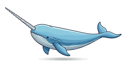 A cute cartoon narwhal with a long spiraled tusk © gambar