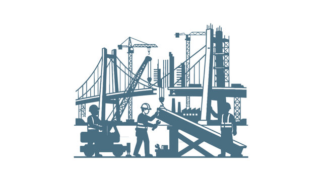 Construction workers build a bridge using cranes and heavy machinery, industrial site illustration