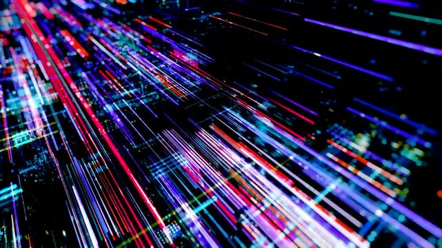 Glowing digital data streams moving through cyberspace in motion video clip