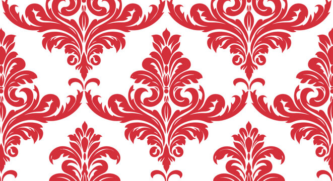 Seamless red damask pattern with ornamental floral elements on white background.