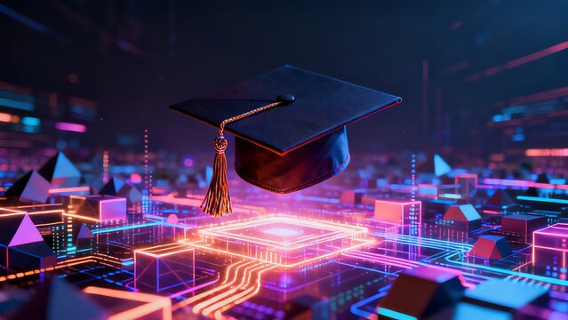 Black graduation cap hovering above a glowing digital circuit board with neon tech lights.