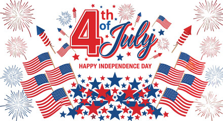 Fototapeta premium 4th of July celebration with American flags fireworks and stars happy independence day graphic for patriotic events and holidays