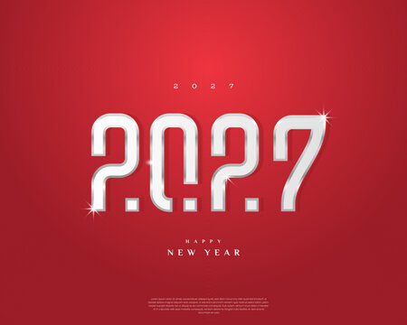 Welcome New Year 2027 Typography Greeting with Red Background and Silver "2027" Text Vector Illustration