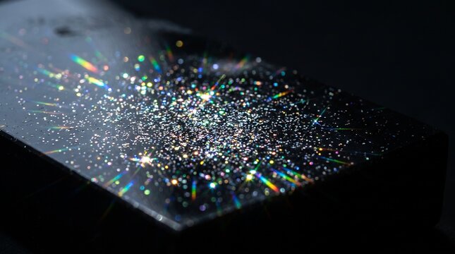 Holographic glitter dust scattered over black obsidian stone
