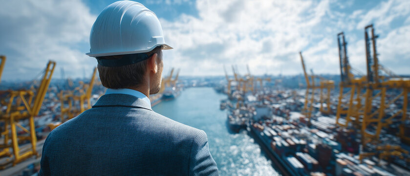 Visionary in the Port: A construction supervisor in a hard hat surveys a vast, bustling container port, symbolizing global trade and industrial might.