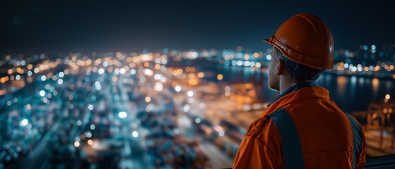 Industrial Vision at Night: A lone figure in a hard hat surveys a sprawling, illuminated industrial port at night, contemplating the vastness of the operations. © Kingdola