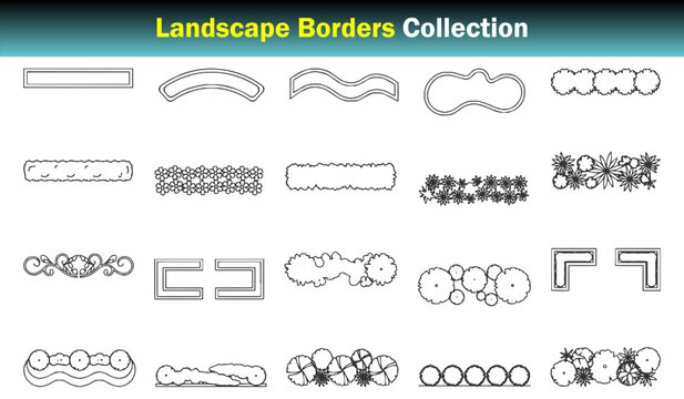 Landscape Border CAD Collection Garden Edging, Ornamental Plant Borders, Shrub Rows and Decorative Landscape Divider Layouts &ndash; CAD Block Set Top View, Clean Thin Line Architectural Style