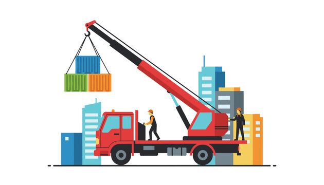 Red mobile crane truck lifting heavy shipping containers at a busy urban construction site with workers and skyscrapers.