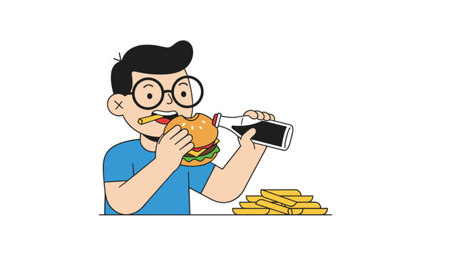 Cartoon illustration of a hungry boy with glasses enjoying a delicious burger, french fries, and a bottle of soda drink.
