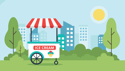 Fototapeta premium Cute ice cream cart parked in a lush green city park under a bright sunny sky with skyscrapers in the background.
