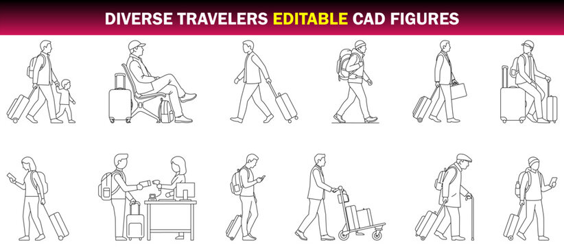 Diverse Travelers CAD Figures Walking with Luggage, Airport Passengers, Backpack Tourists and Travel Activity Poses &ndash; CAD Block Set Side Elevation, Clean Thin Line Architectural Style