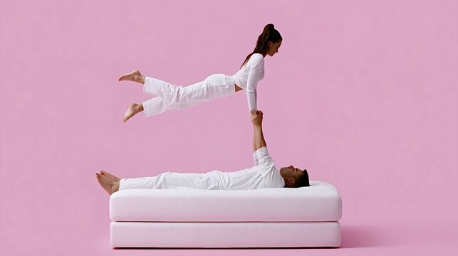 Couple balancing acro yoga pose on mattress