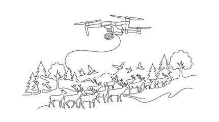 Naklejka premium Continuous Line Art Drone Hovering Over Herd of Deer and Wildlife in Forest Landscape